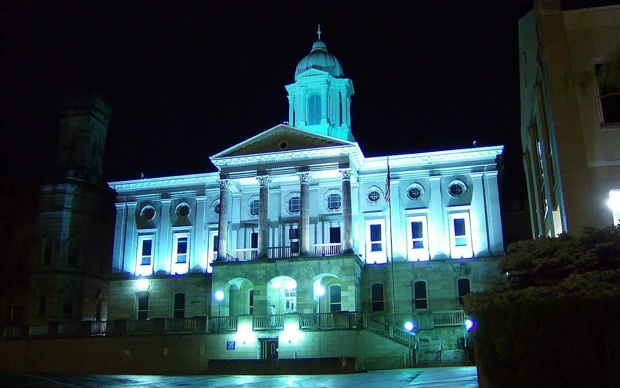 Armstrong County Courthouse lit up at night in Kittanning, Pennsylvania