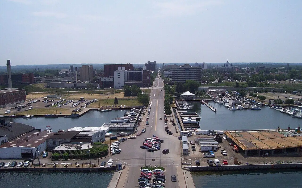 Aerial view of downtown Erie, PA, State Street, and the Presque Isle Bay bayfront
